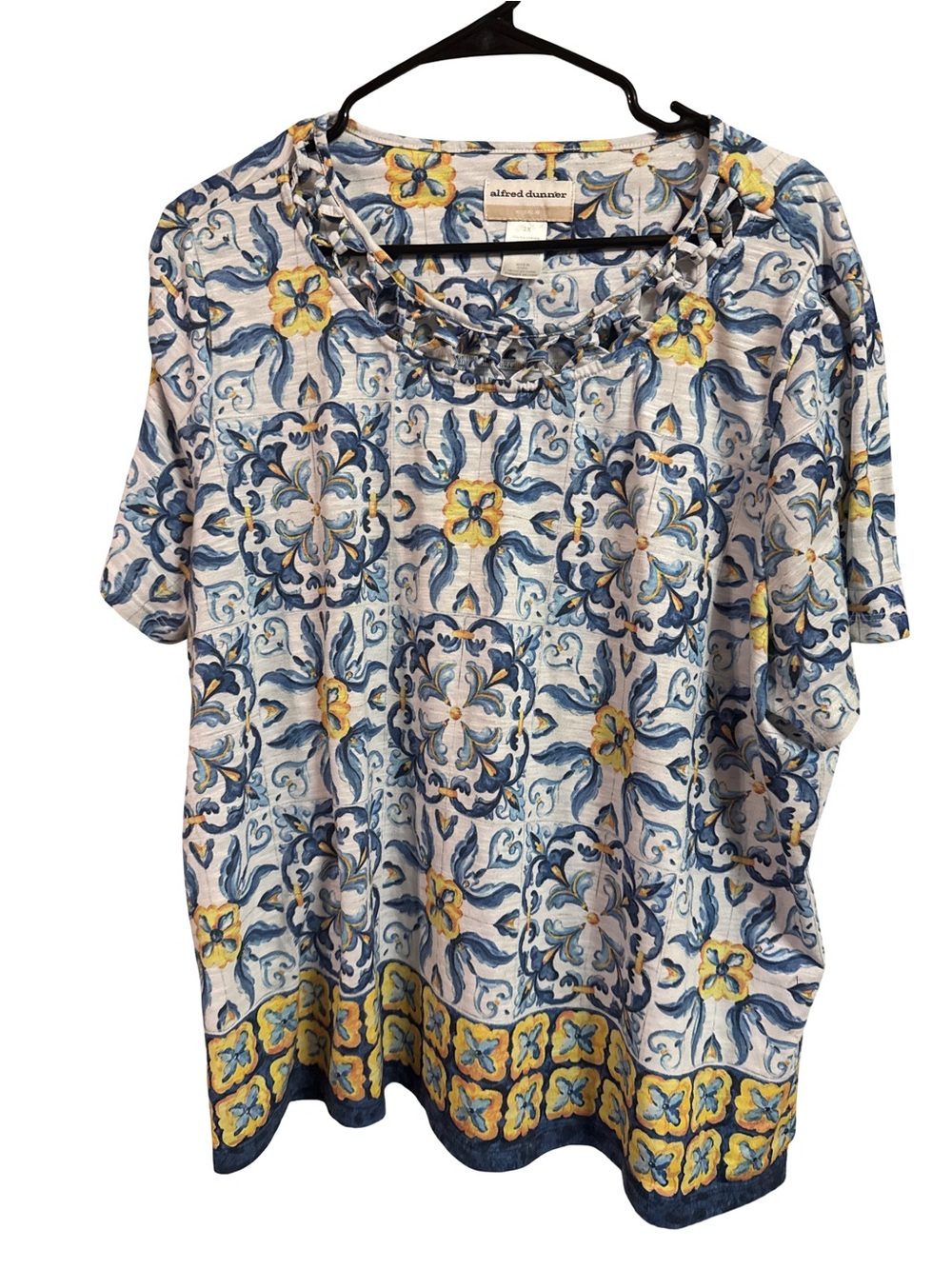 Alfred Dunner Blue, Yellow & White Printed Short Sleeve Top